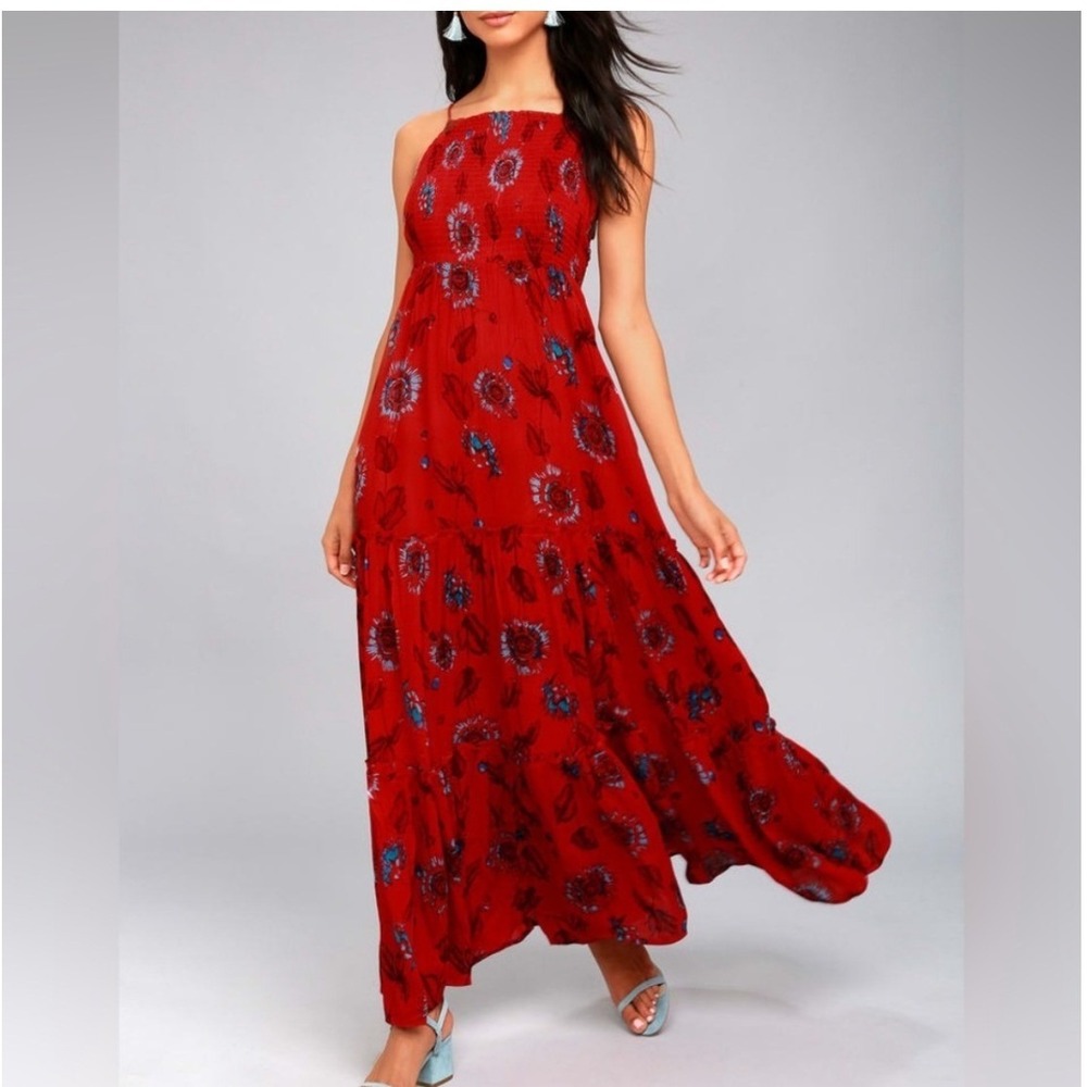 Free People Boho Floral Tiered Smocked Maxi Dress S‎mall Red Garden Resort Beach